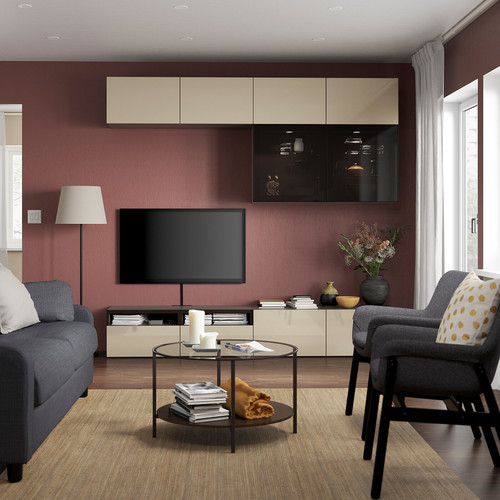 BESTÅ TV storage combination/glass doors, black-brown/Selsviken high-gloss/beige smoked glass, 240x42x231 cm