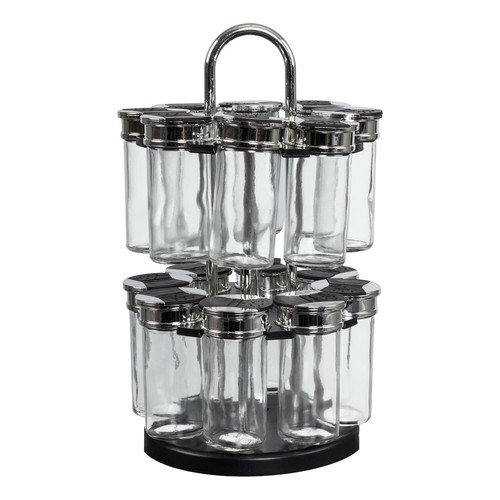 Rotating Spice Rack with 16 Glass Jars, Black/Silver
