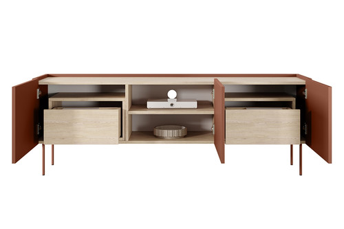 Three-Door TV Cabinet with Drawers Desin 170, ceramic red/nagano oak