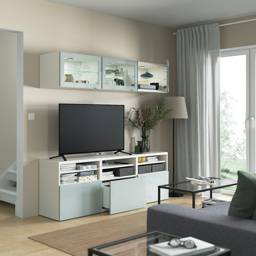 BESTÅ TV storage combination/glass doors, white Glassvik/Selsviken light grey-blue, 180x42x192 cm