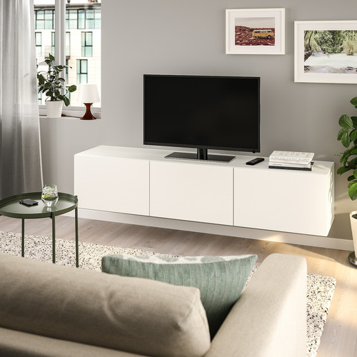 BESTÅ TV bench with doors, white, Lappviken white, 180x42x38 cm