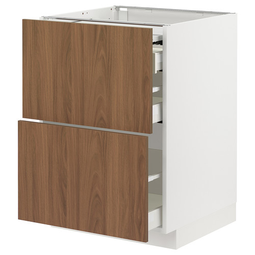 METOD / MAXIMERA Bc w pull-out work surface/3drw, white/Tistorp brown walnut effect, 60x60 cm