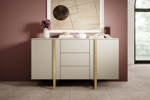 Cabinet with 2 Doors & 3 Drawers Verica 150 cm, cashmere/gold legs