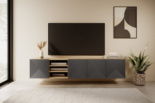 Wall-Mounted TV Cabinet with Shelves Asha 200 cm, artisan/rivier stone mat