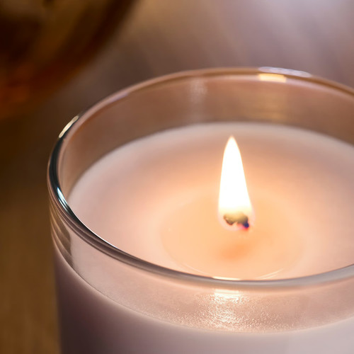 LOTSFÅGEL Scented candle in glass, Pink flowers pale pink, 20 hr