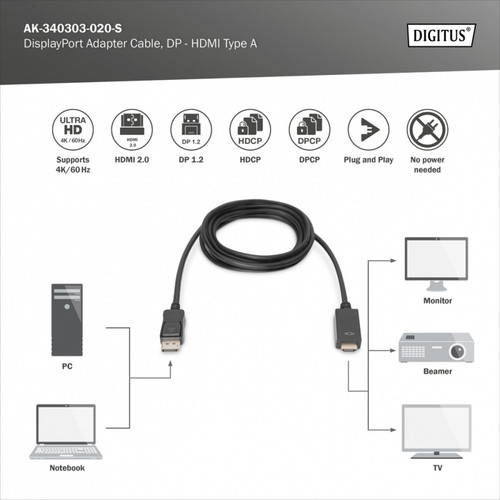Digitus DisplayPort Adapter Cable, DP - HDMI type A 2m, black