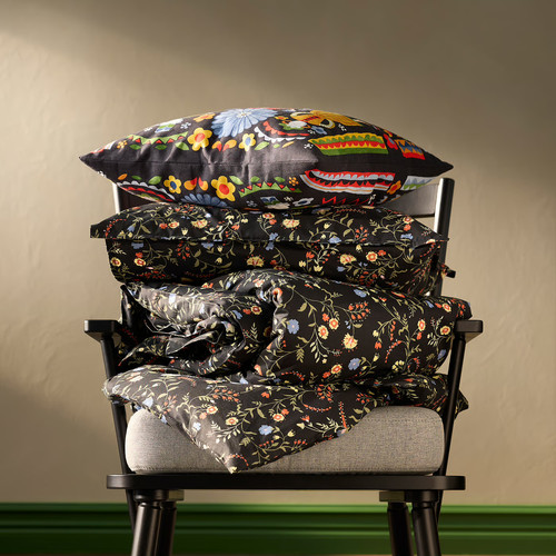 BRUDKRUSBÄR Duvet cover and 2 pillowcases, black multicolour/floral pattern, 200x200/50x60 cm