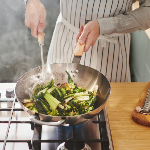 VARDAGEN Wok with lid, glass/carbon steel beech, 32 cm