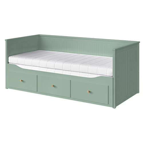 HEMNES Day-bed w 3 drawers/2 mattresses, grey-green/Åfjäll medium firm, 80x200 cm