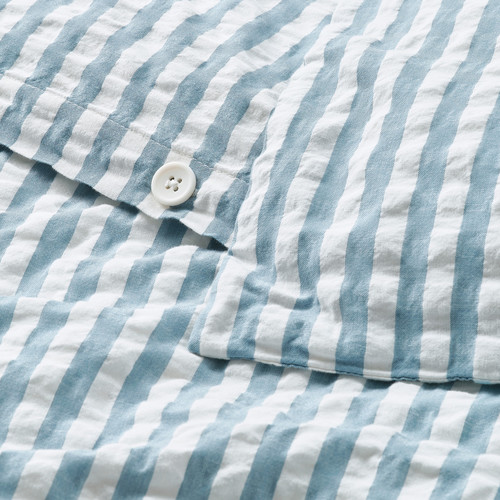 SMÅNUNNEÖRT Duvet cover and pillowcase, dark grey-blue white/striped, 150x200/50x60 cm