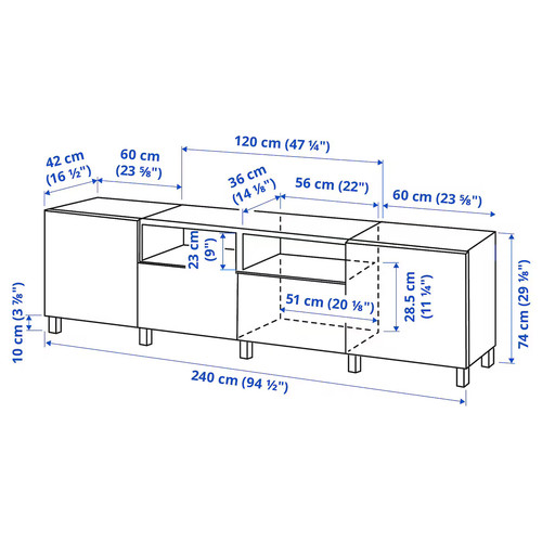 BESTÅ TV bench with doors and drawers, white/Sutterviken/Kabbarp white, 240x42x74 cm