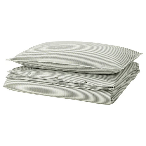SOLFIBBLA Duvet cover and pillowcase, white green/stripe, 150x200/50x60 cm
