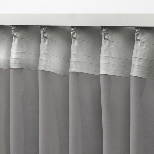 STENFRÖ Sheer curtains, 1 pair, grey/with heading tape, 145x300 cm