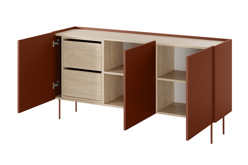 Three-Door Cabinet with Drawer Unit Desin 170, ceramic red/nagano oak