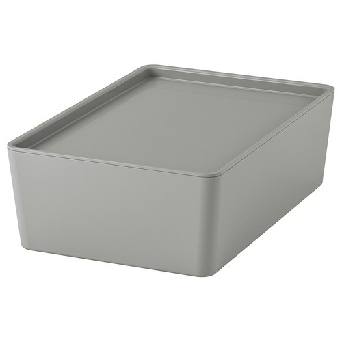 KUGGIS Box with lid, light grey, 18x26x8 cm