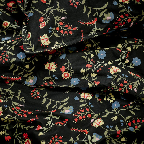 BRUDKRUSBÄR Duvet cover and 2 pillowcases, black multicolour/floral pattern, 200x200/50x60 cm
