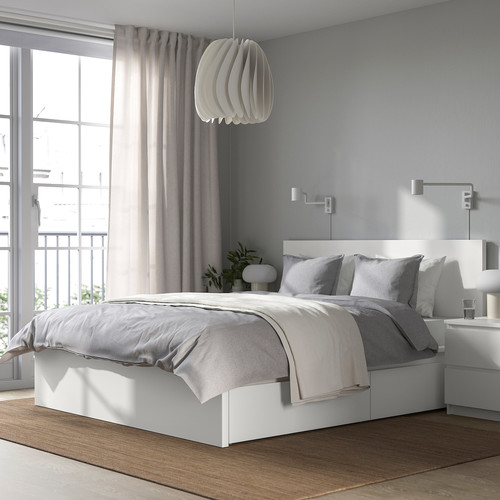 MALM Bed frame, high, w 4 storage boxes, white/Lindbåden, 140x200 cm