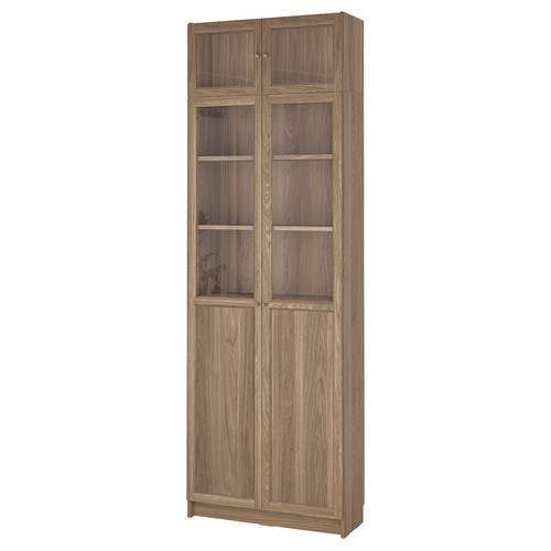 BILLY / OXBERG Bookcase with glass doors, oak effect/clear glass, 80x30x237 cm