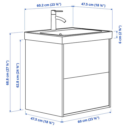 ÄNGSJÖN / BACKSJÖN Wash-stnd w drawers/wash-basin/tap, high-gloss white, 60x48x69 cm