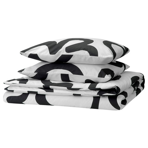 KLIPPBRÄCKA Duvet cover and 2 pillowcases, white/black, 200x200/50x60 cm