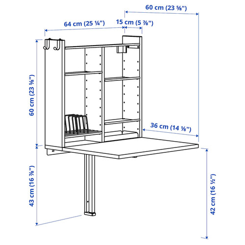 NORBERG Wall-mount drop-leaf tbl w storage, white, 64x60 cm