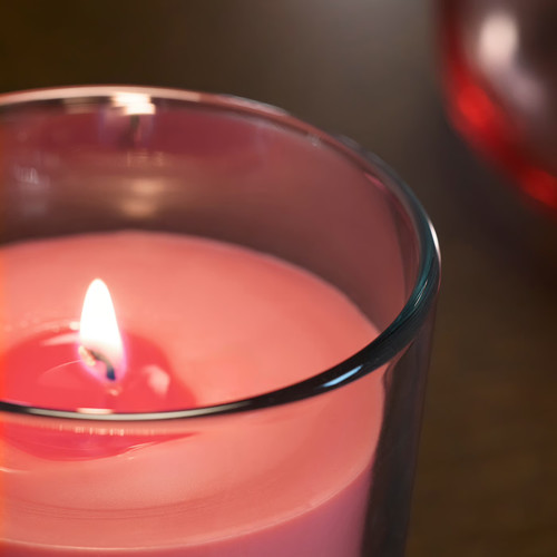 LOTSFÅGEL Scented candle in glass, Watermelon bright pink, 20 hr