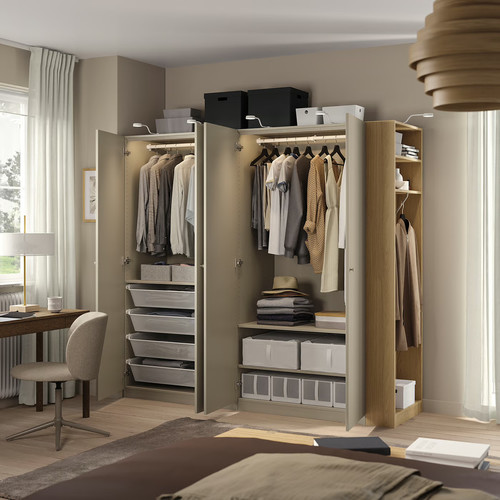 PAX / FORSAND Wardrobe combination, grey-beige grey-beige/oak effect, 220x60x201 cm