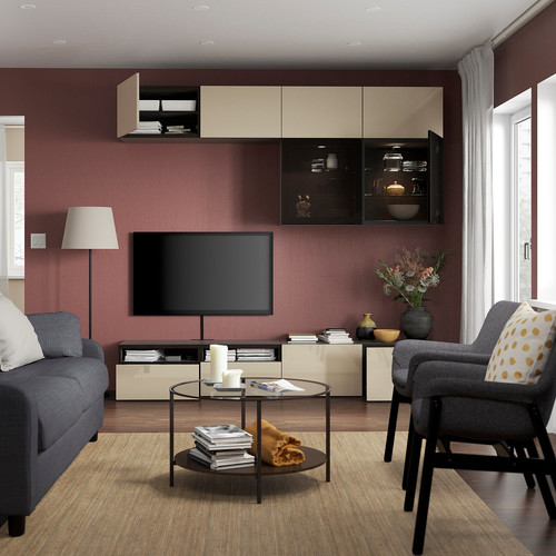 BESTÅ TV storage combination/glass doors, black-brown/Selsviken high-gloss/beige smoked glass, 240x42x231 cm