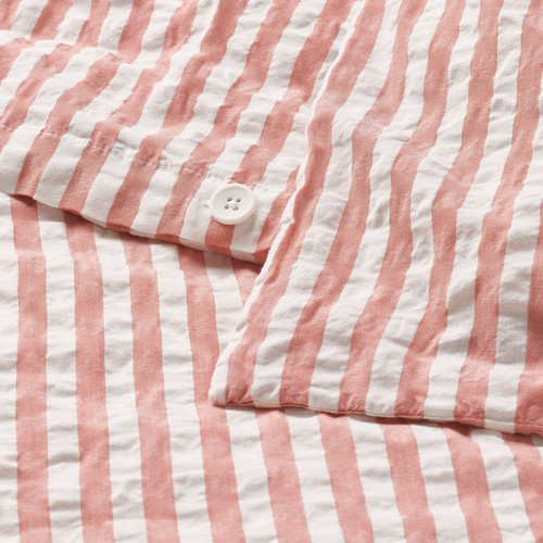 SMÅNUNNEÖRT Duvet cover and 2 pillowcases, red-brown white/striped, 200x200/50x60 cm