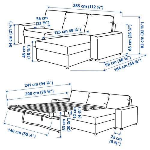 VIMLE 3-seat sofa-bed with chaise longue, with wide armrests Gunnared/medium grey
