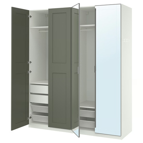 PAX/KAMMARTORP/GRIMO Wardrobe combination, white mirror glass/grey grey-green, 200x60x236 cm