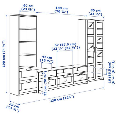 BRIMNES TV storage combination/glass doors, white, 320x41x190 cm
