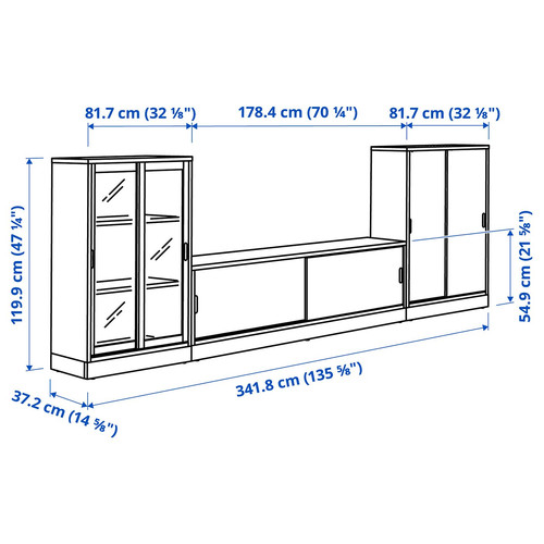 TONSTAD TV/storage comb with sliding doors, oak veneer/clear glass, 342x37x120 cm