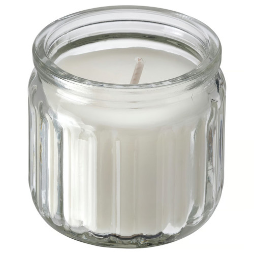 HÖKGÖK Scented candle in glass, Vanilla pale beige, 12 hr