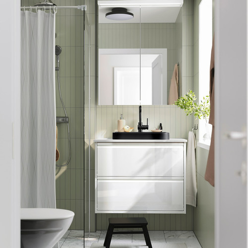BACKSJÖN Semi-recessed wash-basin w watr trp, black, 50x43 cm