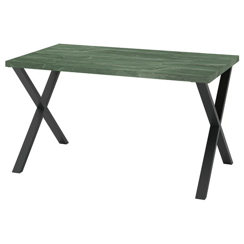 SKÅLSTA Table, dark grey-green marble effect/X-shaped black-grey, 140x80 cm