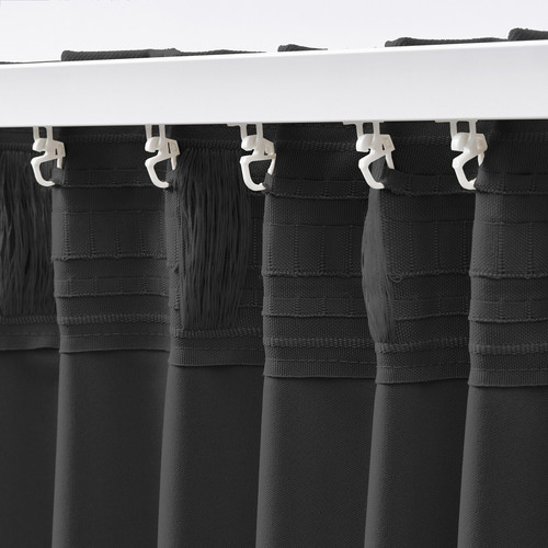 KORGMOTT Block-out curtains, 1 pair, dark grey/with heading tape, 145x300 cm