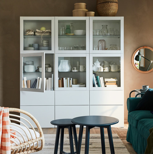 BESTÅ Storage combination w glass doors, white/Sutterviken/Kabbarp white clear glass, 60x42x202 cm