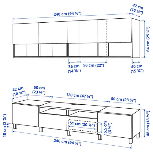 BESTÅ TV storage combination, white Laxviken/Lappviken/Stubbarp white, 240x42x230 cm