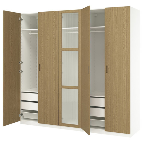 PAX / TONSTAD Wardrobe combination, white/oak veneer glass, 250x60x236 cm