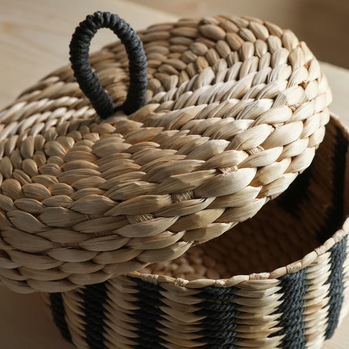 MÄVINN Box with lid, banana fibre/black stripe pattern