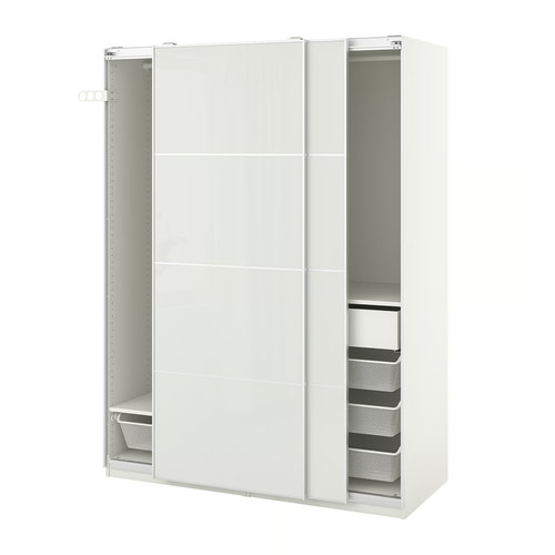 PAX / HOKKSUND Wardrobe combination, white, high-gloss light grey, 150x66x201 cm