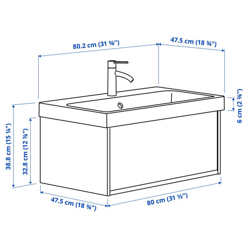 ÄNGSJÖN / BACKSJÖN Wash-stnd w drawer/wash-basin/tap, brown oak effect, 80x48x39 cm
