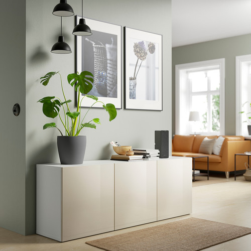 BESTÅ Storage combination with doors, white/Selsviken high-gloss/beige, 180x42x65 cm