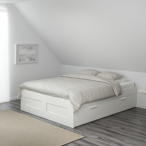 BRIMNES Bed frame with storage, white, Lönset, 180x200 cm