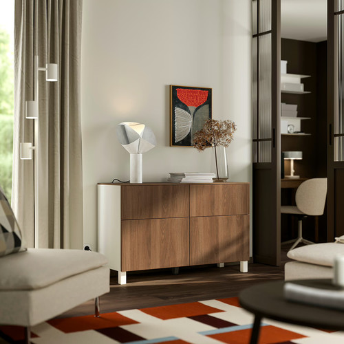 BESTÅ Storage combination w doors/drawers, white/Lappviken/Stubbarp walnut effect, 120x42x75 cm