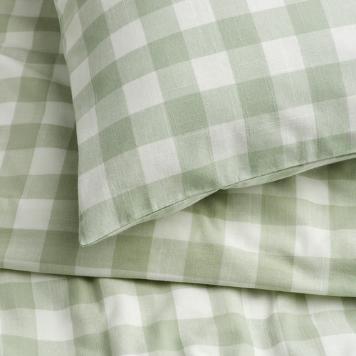EKTANDVINGE Duvet cover and 2 pillowcases, pale grey-green white/check, 200x200/50x60 cm