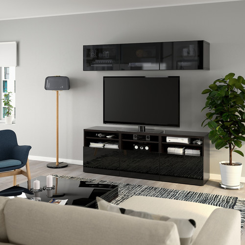 BESTÅ TV storage combination/glass doors, black-brown/Selsviken high-gloss/black smoked glass, 180x42x192 cm