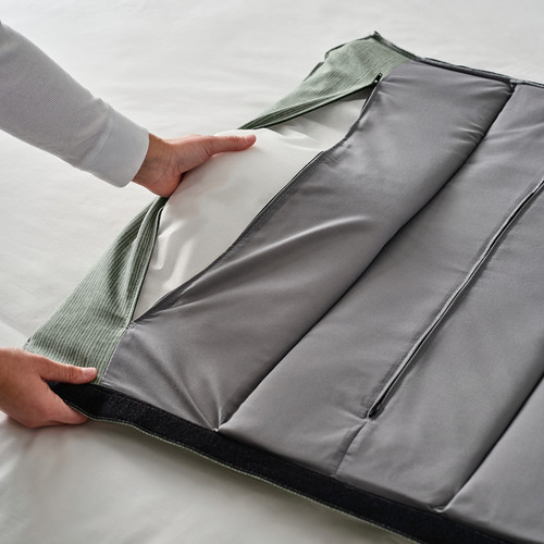 TÄLLÅSEN Upholstered bed frame with mattress, Kulsta grey-green/Valevåg firm, 140x200 cm