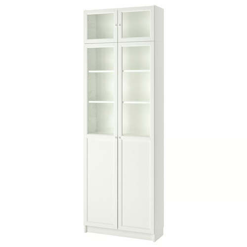 BILLY Bookcase w hght ext ut/pnl/glss drs, white, 80x30x237 cm